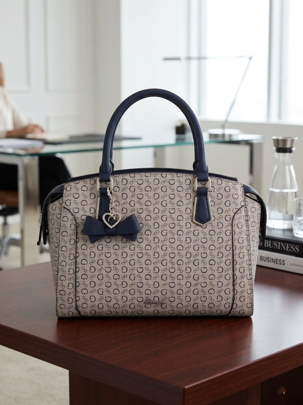Guess Logo Print Satchel Handbag Navy & Beige Bow Charm Medium